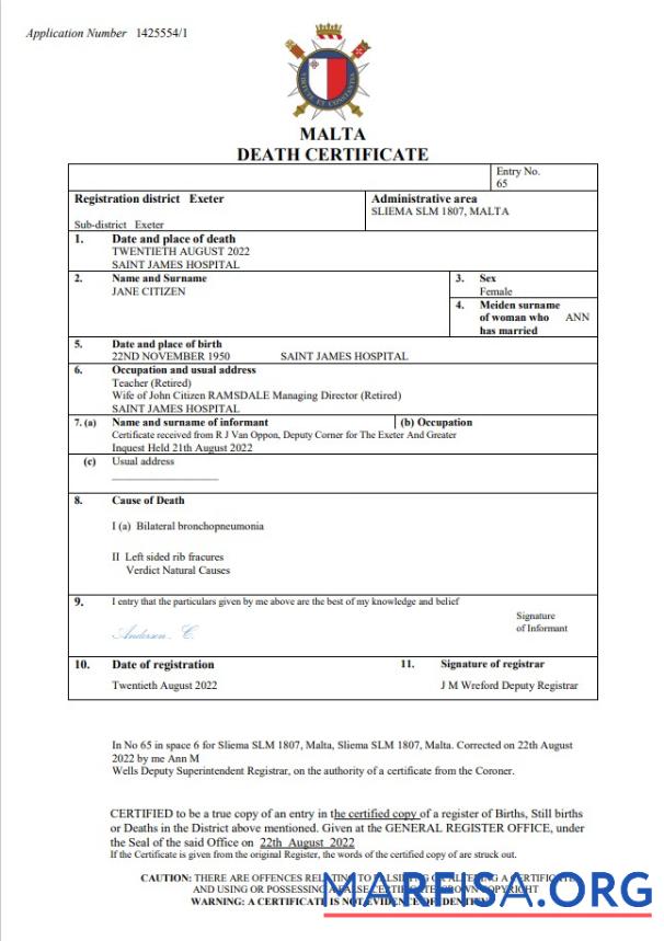 Blank Malta death certificate Word and PDF template